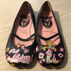 Rare Irregular Choice Pink Bitches flat. Size 7.5